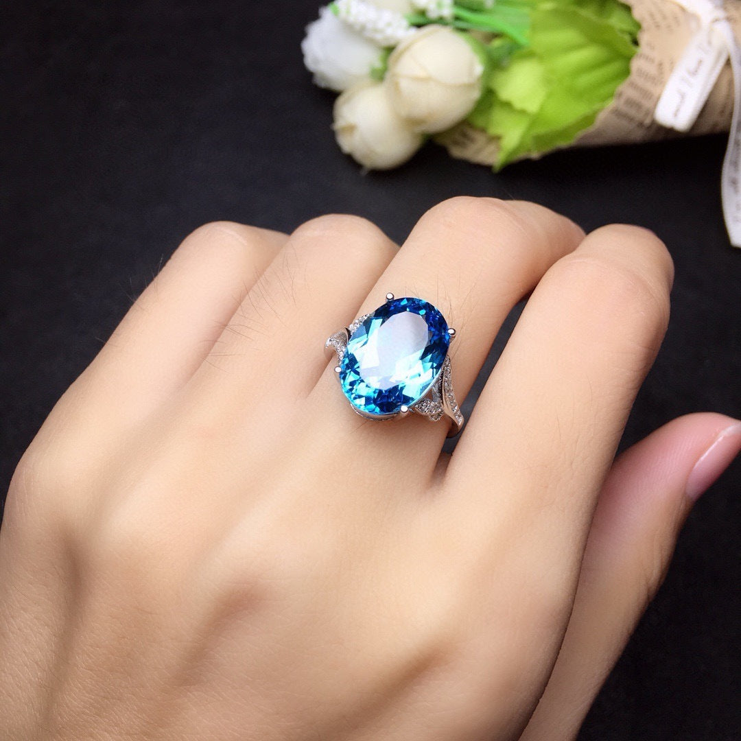 Natural Sea Blue Topaz Full Diamond Open Ring