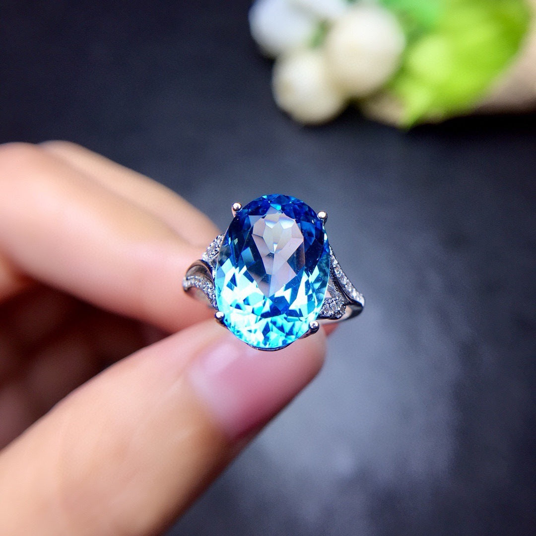 Natural Sea Blue Topaz Full Diamond Open Ring