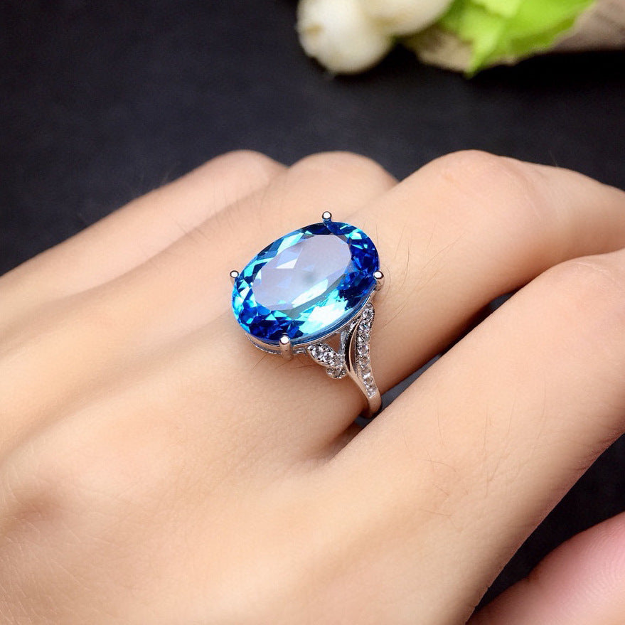 Natural Sea Blue Topaz Full Diamond Open Ring