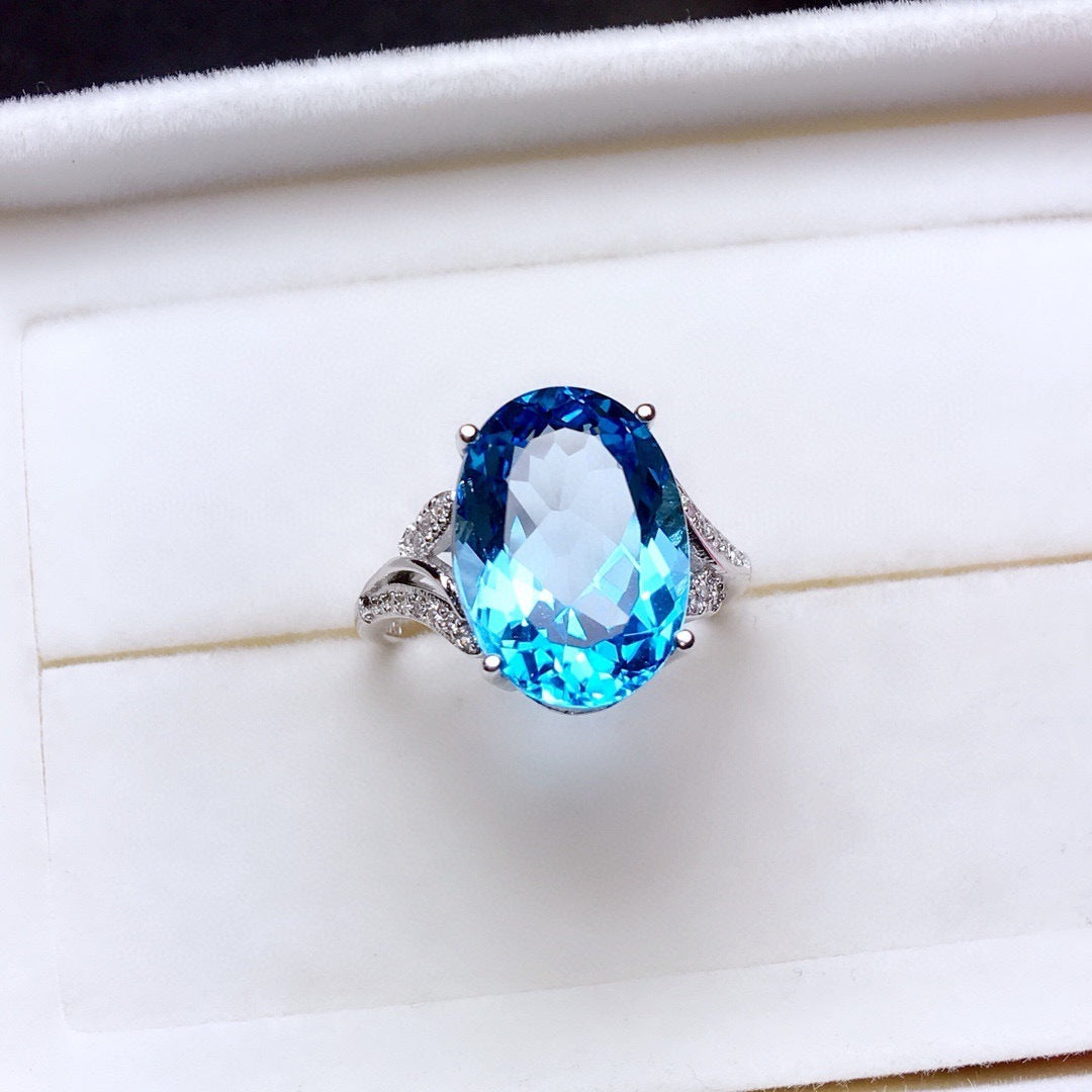 Natural Sea Blue Topaz Full Diamond Open Ring