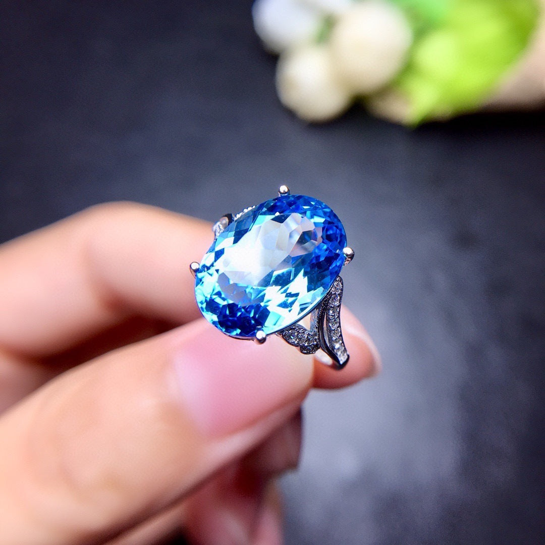 Natural Sea Blue Topaz Full Diamond Open Ring