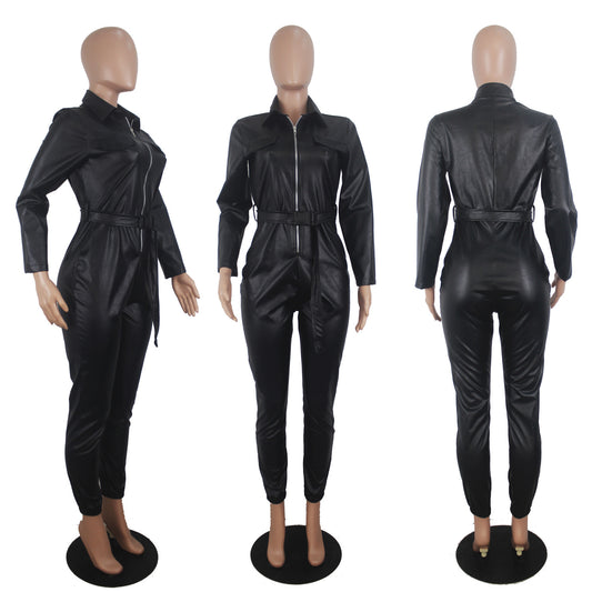 Women's Casual Fashion Solid Color High Elastic Leather Jumpsuit
