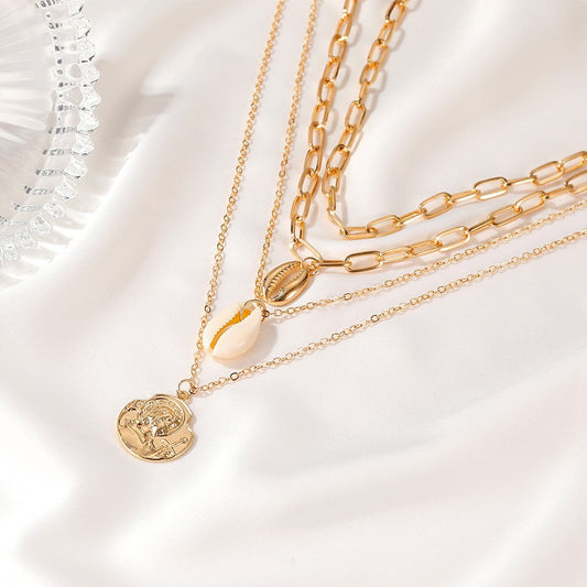 Women's All-match Simple Shell Pendant Hollow Portrait Multi-layer Necklace