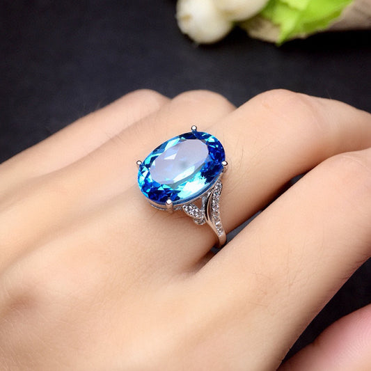 Natural Sea Blue Topaz Full Diamond Open Ring